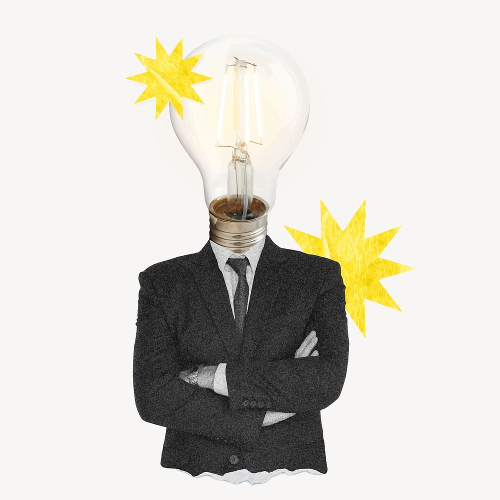 Business man with light bulb head, fresh idea concept collage element vector