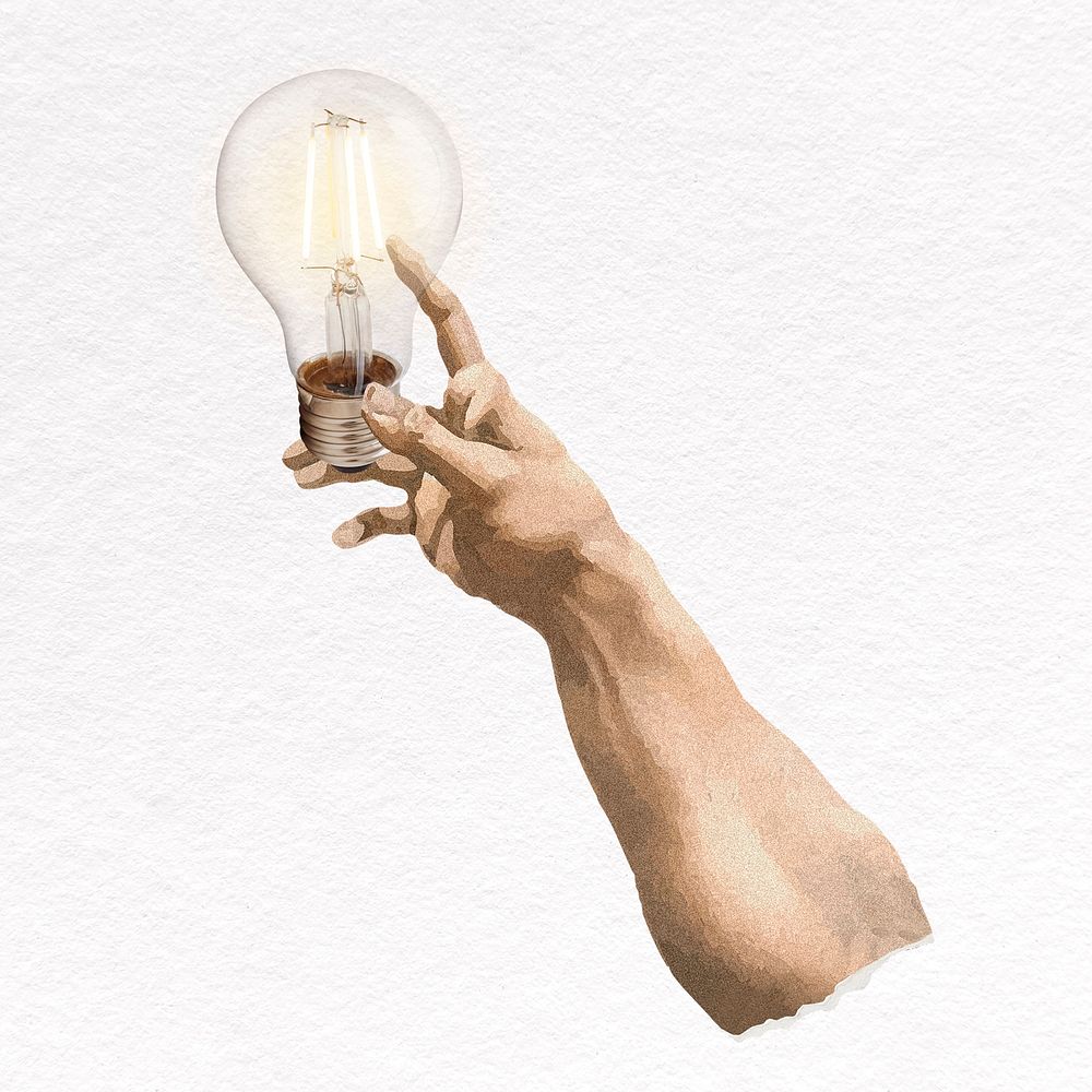 Hand with light bulb, idea and electricity conservation concept psd