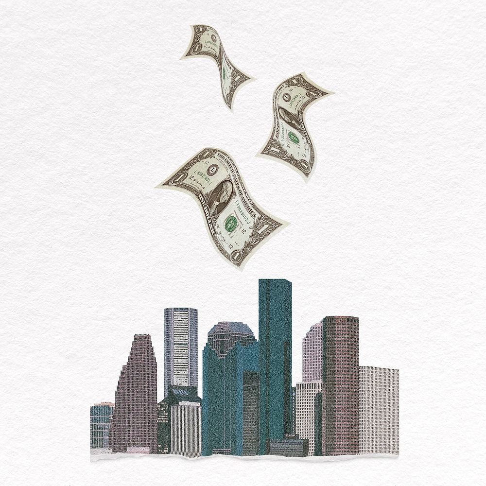 Money flying over city, real estate collage element psd