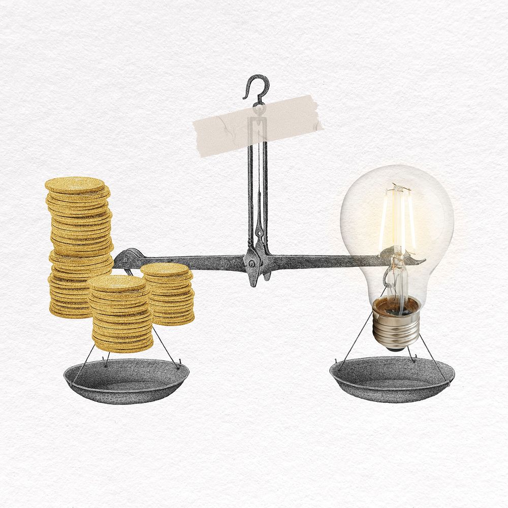 Bulb and coins on scale, ideas make money concept psd