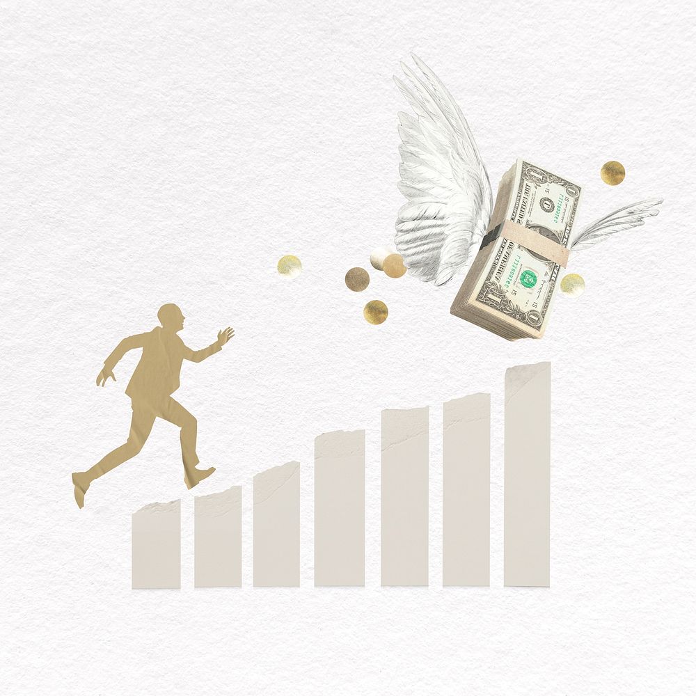 Man running after flying money, financial freedom concept 