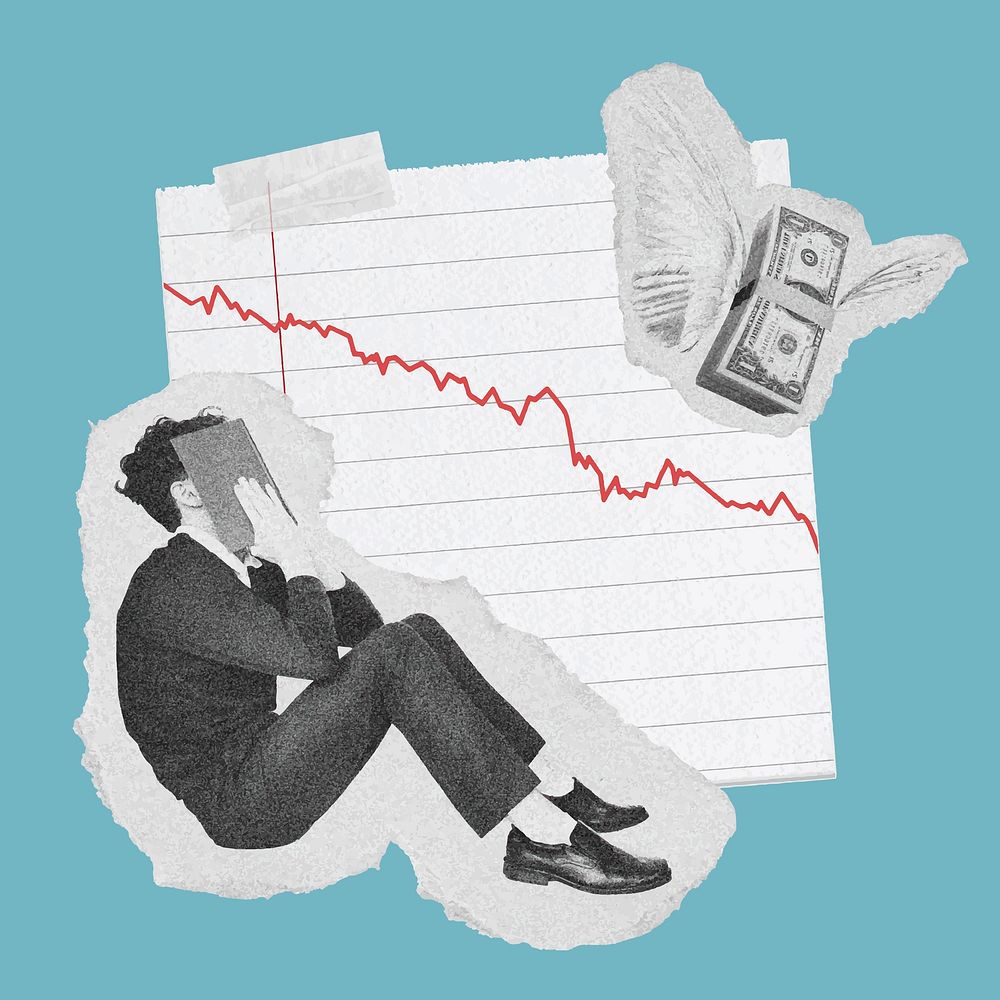 Man depressed stock crash, bear market concept collage element vector