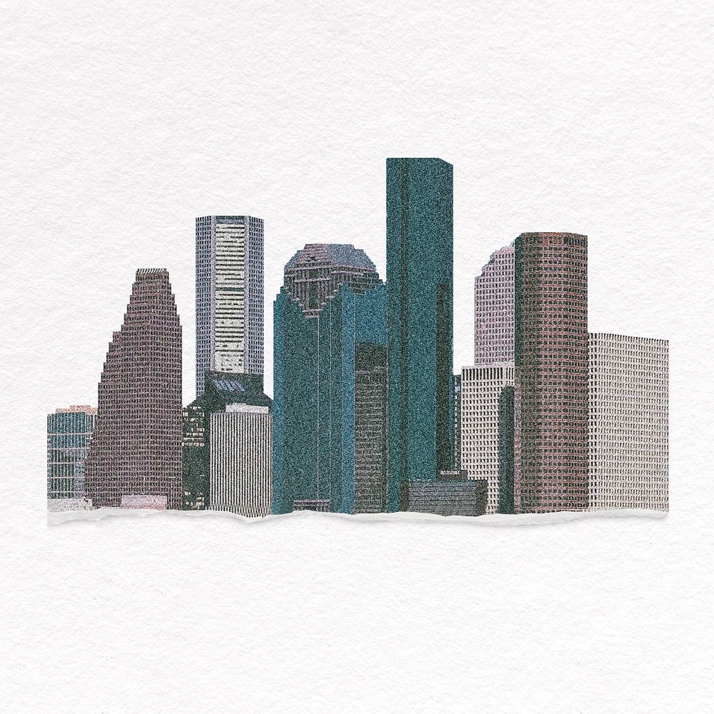 City with skyscrapers ripped paper collage element psd