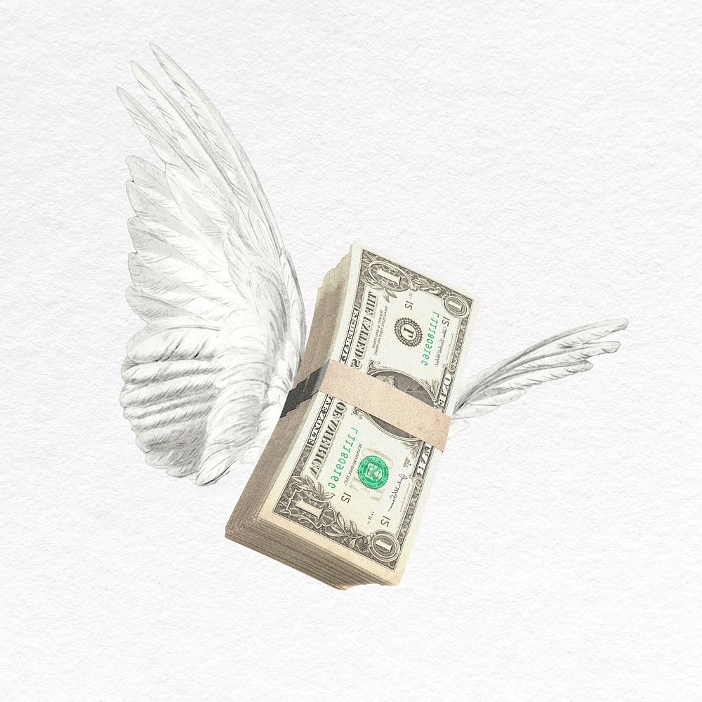 Flying dollar bills with wings, inflation collage element 