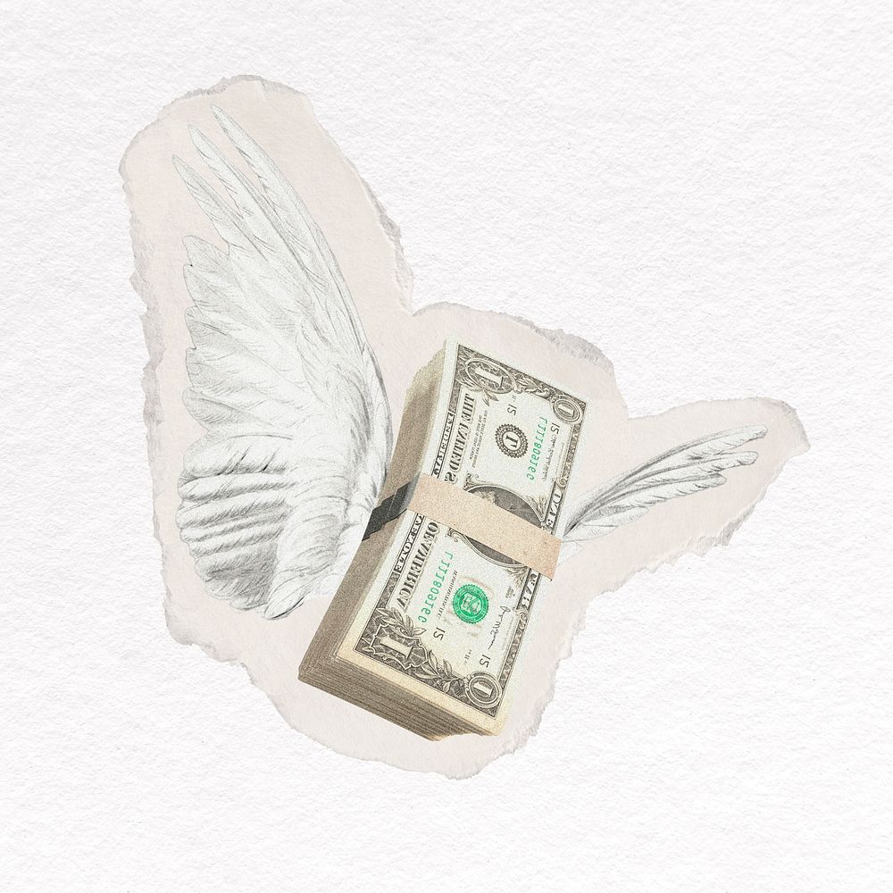 Flying dollar bills with wings, inflation collage element 
