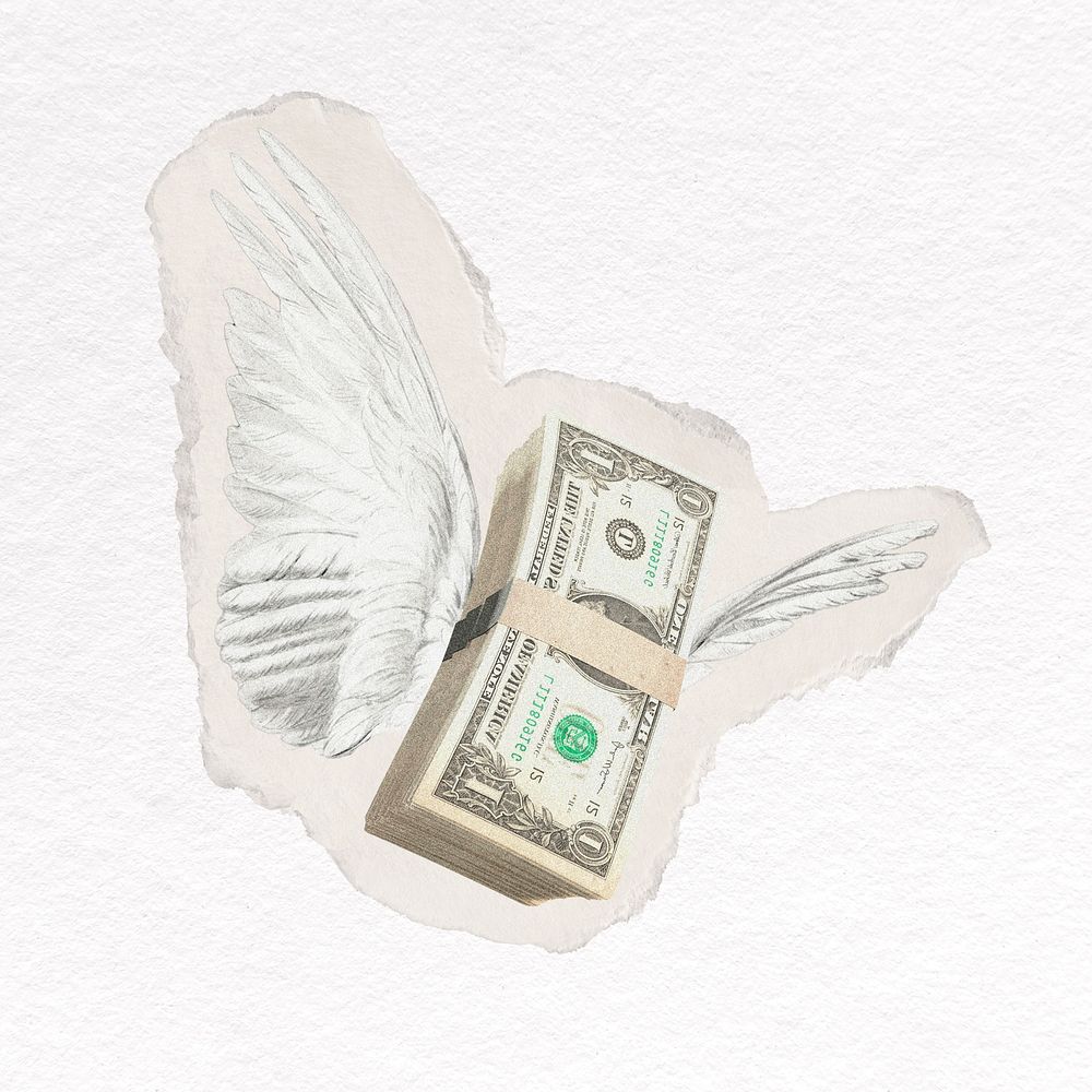 Flying dollar bills with wings, inflation collage element psd
