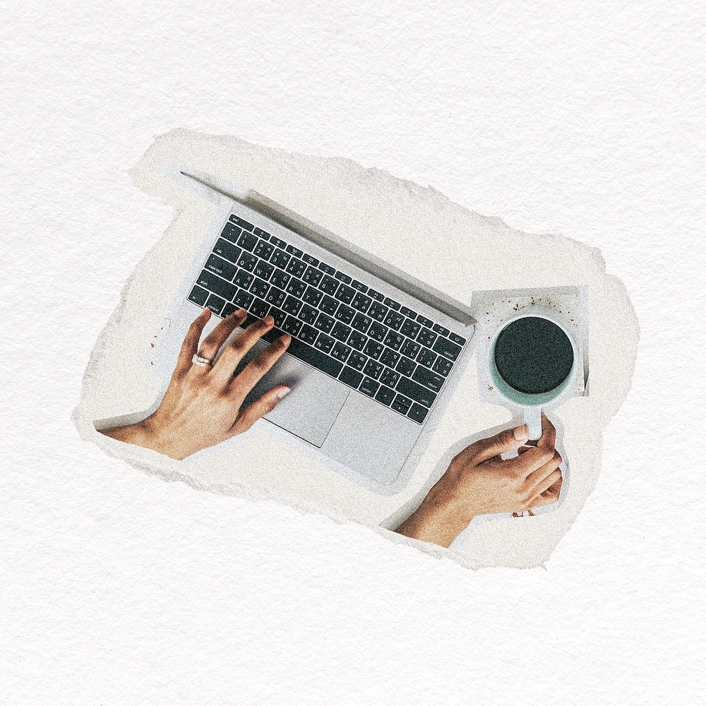 Person working on a laptop collage element psd
