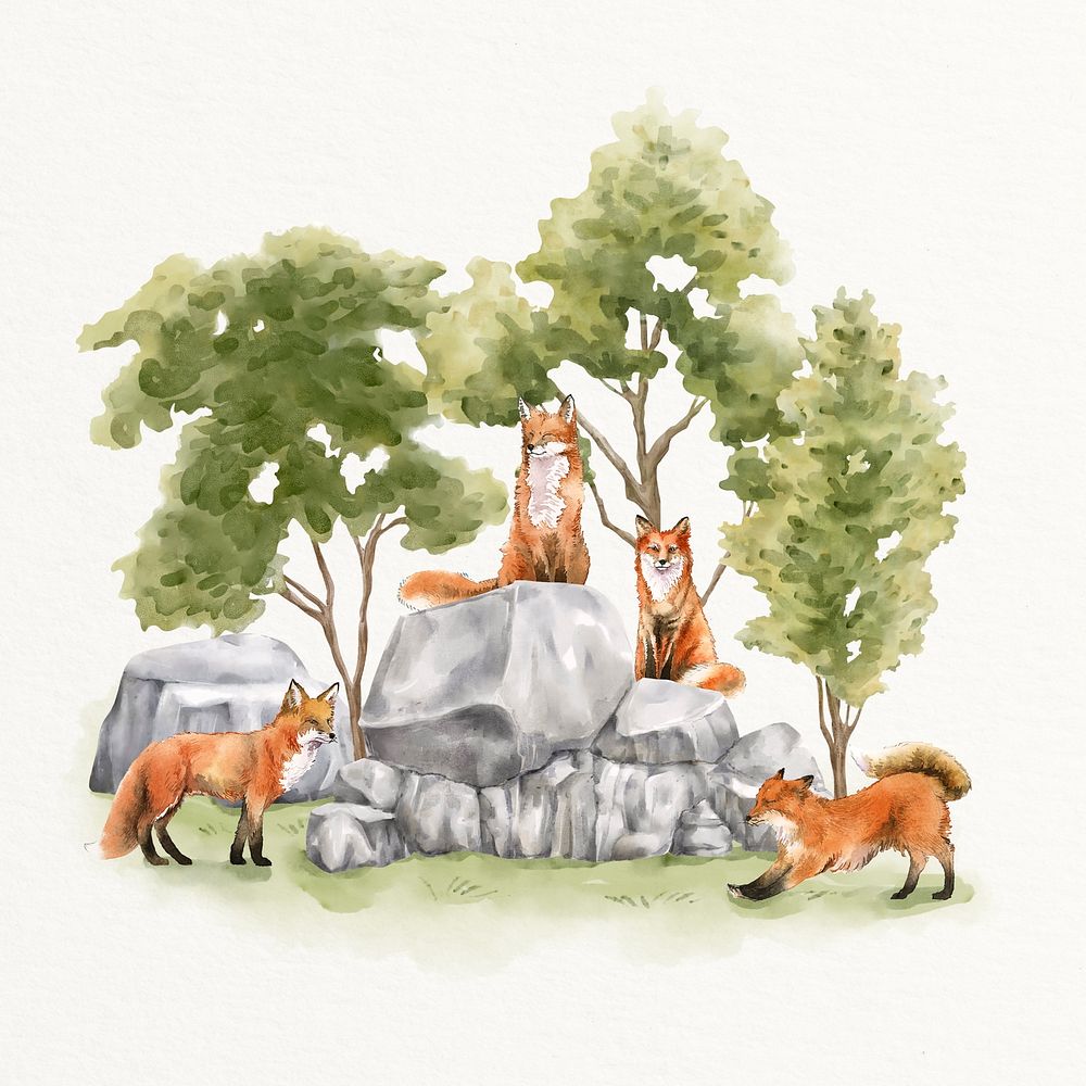Skulk of fox in forest background, spring watercolor illustration