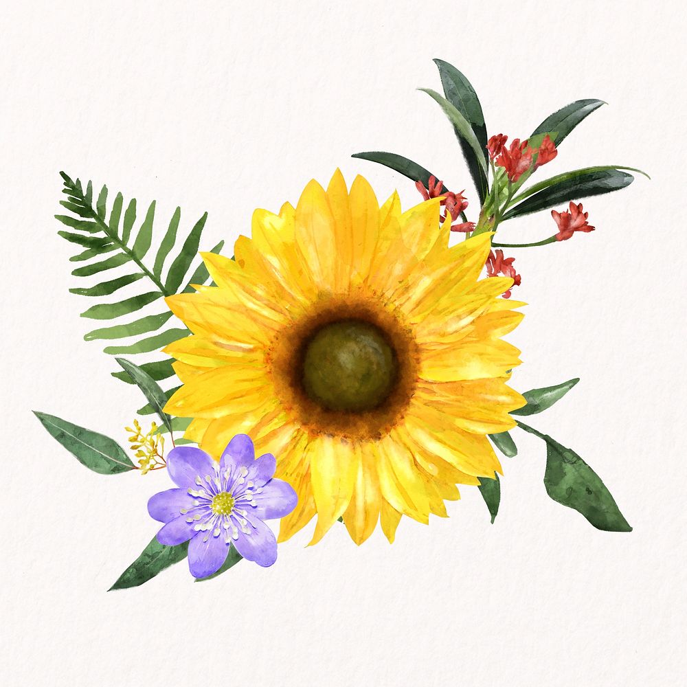 Watercolor sunflower, spring flower arrangement collage element psd