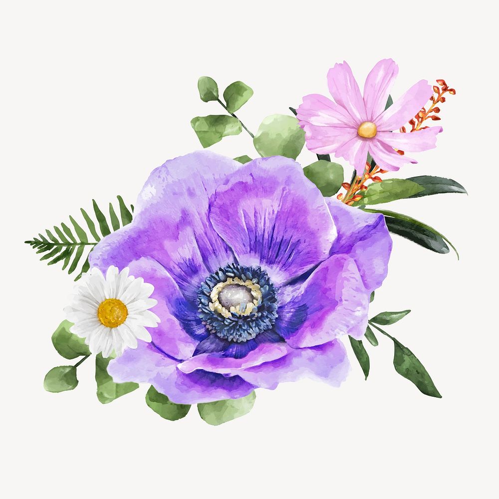 Watercolor purple anemone flower, spring collage element vector