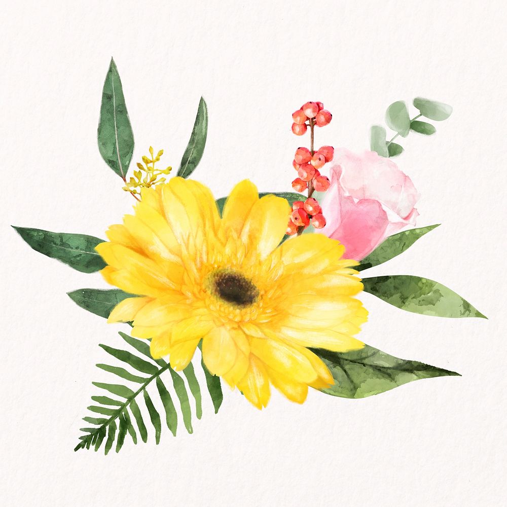 Watercolor yellow gerbera, spring flower collage element psd