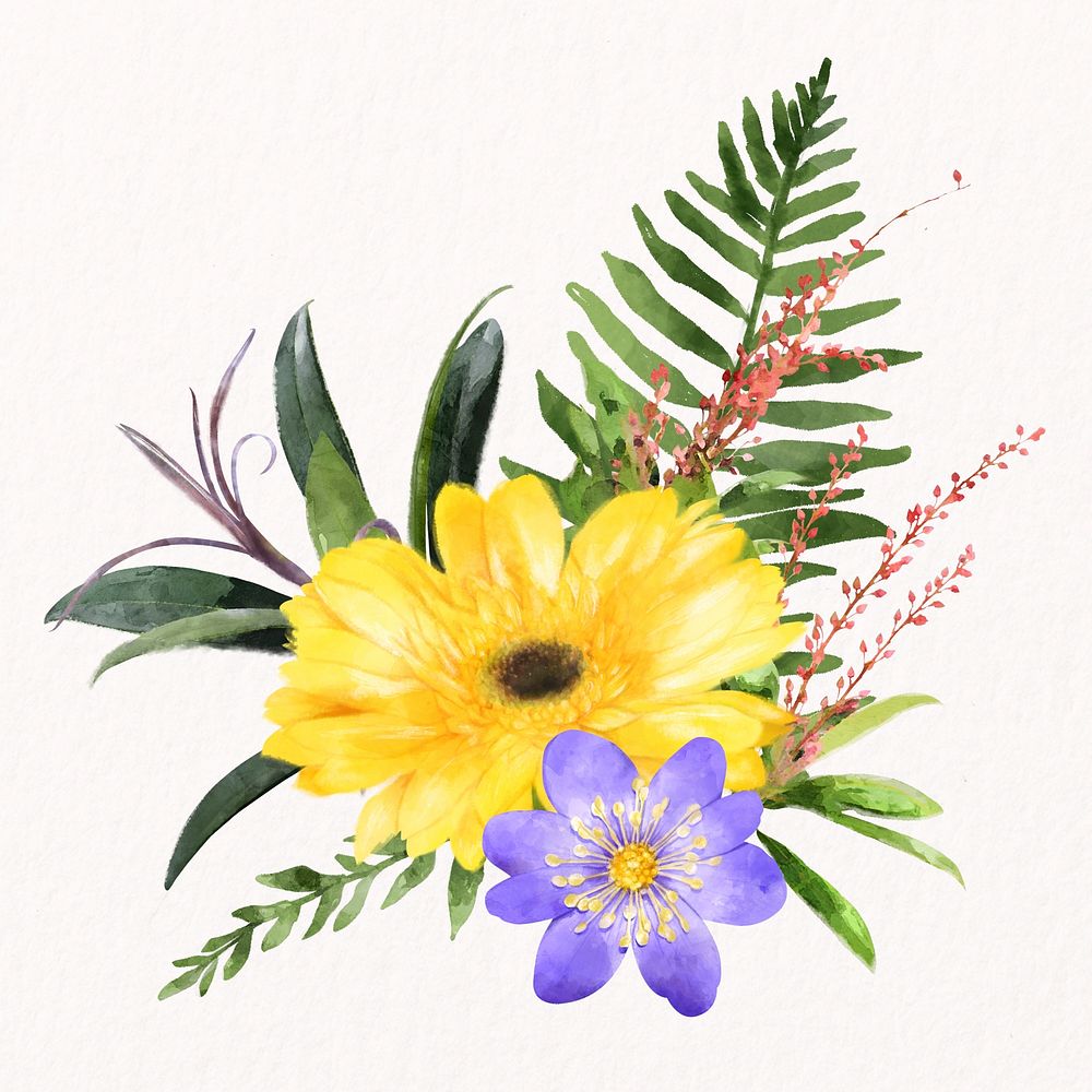 Yellow gerbera, watercolor flower arrangement, spring collage element psd