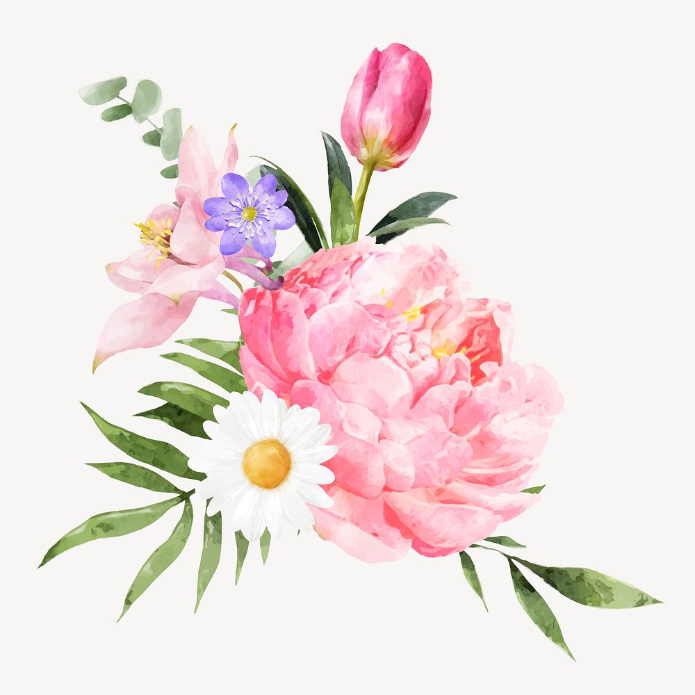 Watercolor pink flowers arrangement, spring collage element vector