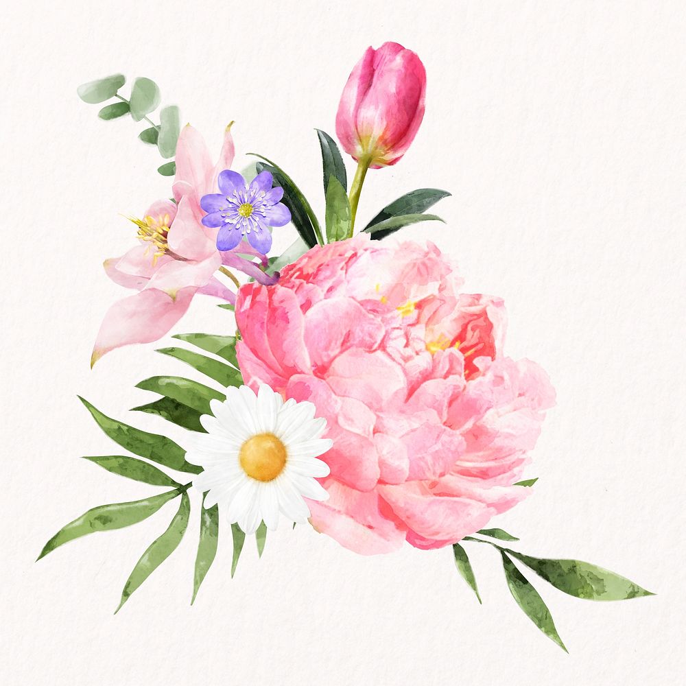 Watercolor pink peony, flower collage element psd