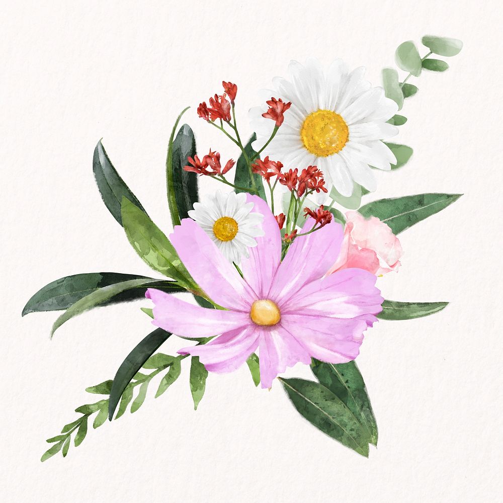 Pink cosmos, watercolor flower collage element psd