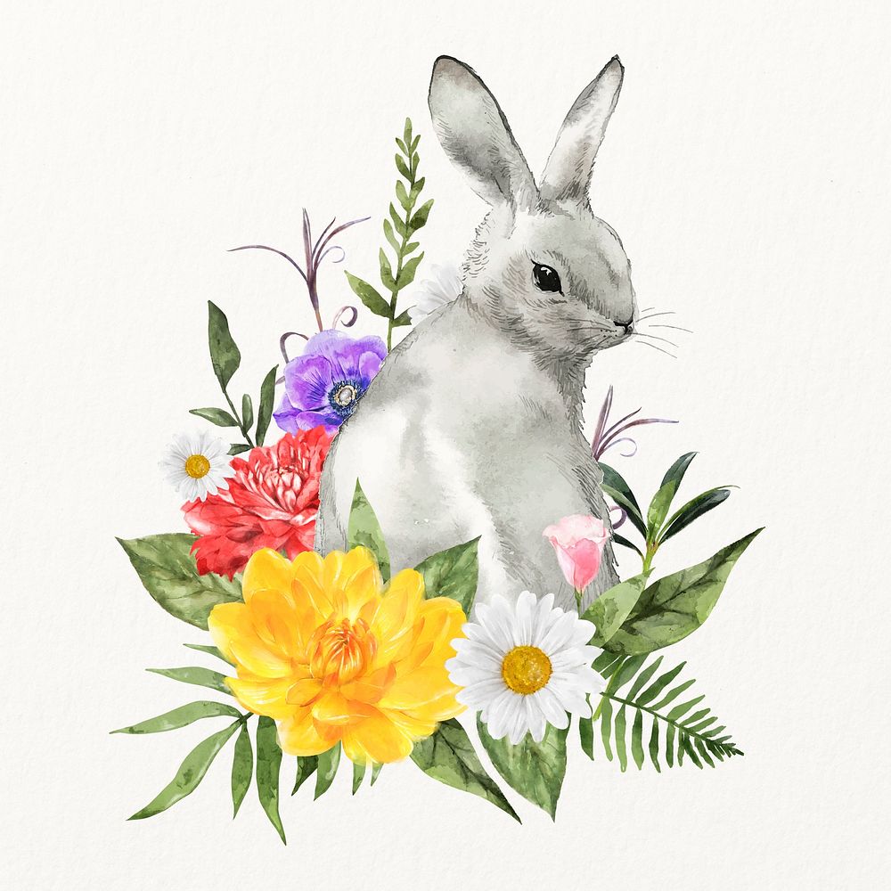 Watercolor Easter element, bunny with colorful flowers illustration