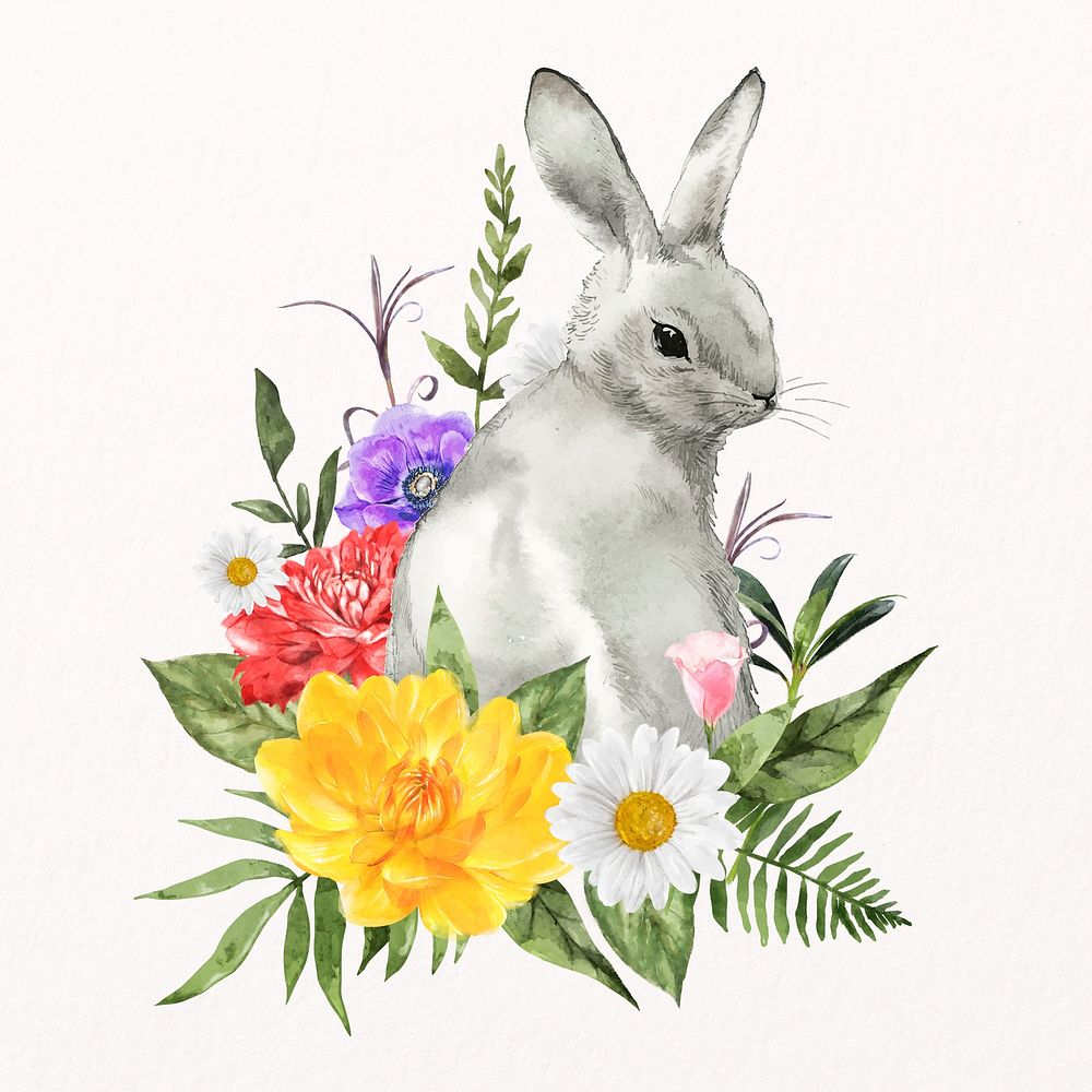 Easter bunny and flower, spring watercolor collage element psd