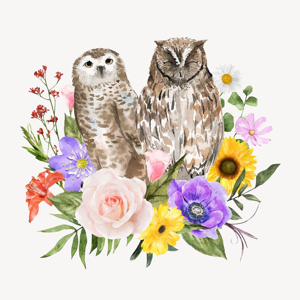 Watercolor owls in flowers, nature collage element vector