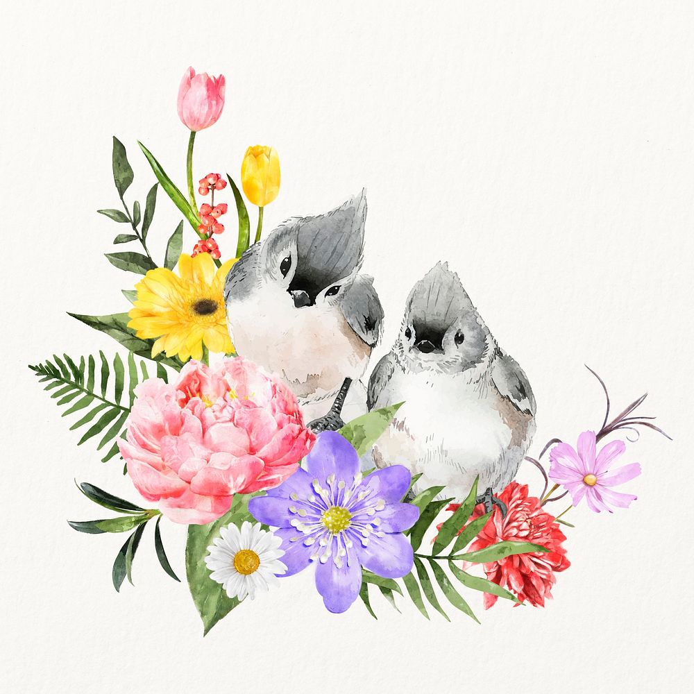 Watercolor spring nature element, birds and colorful flowers illustration