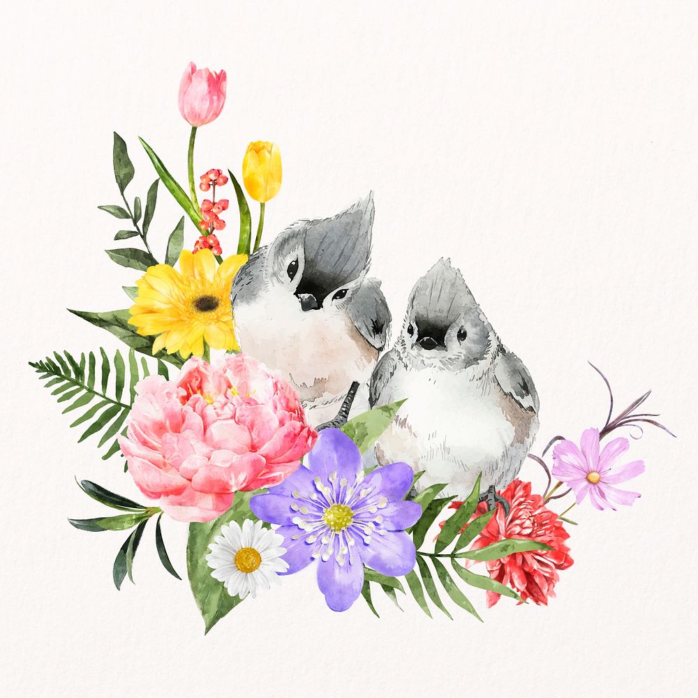 Titmouse birds and flowers, watercolor spring collage element psd