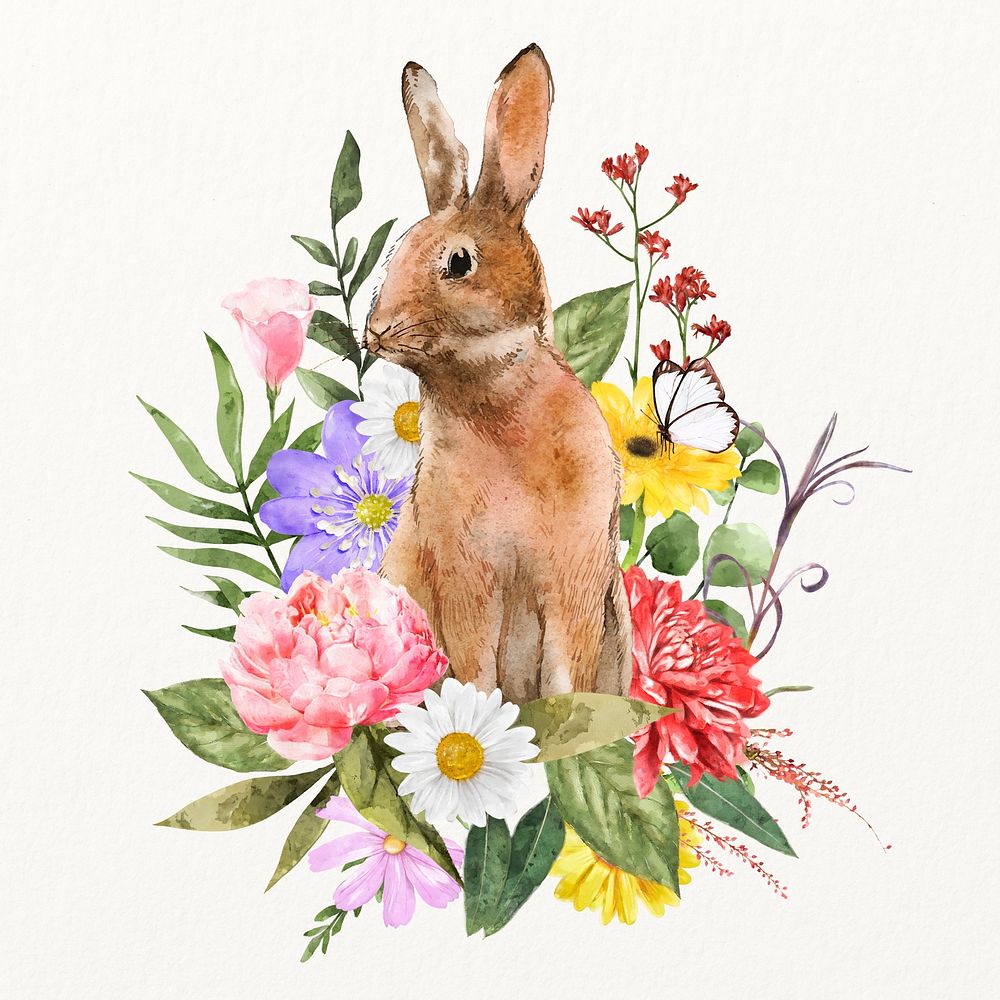 Easter rabbit and flowers element, spring watercolor illustration