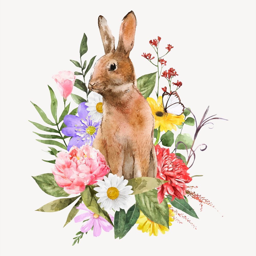 Easter bunny and flower, spring watercolor collage element vector