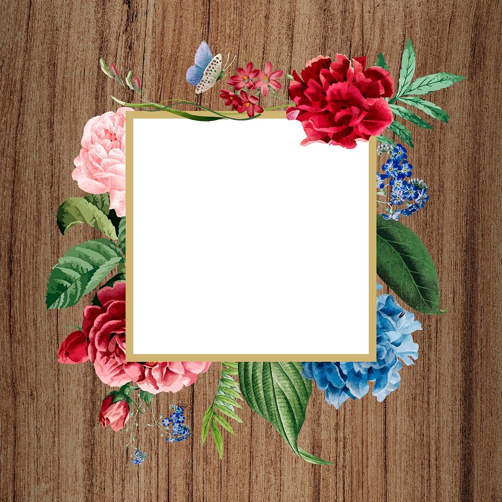 Floral square frame on a wooden background illustration