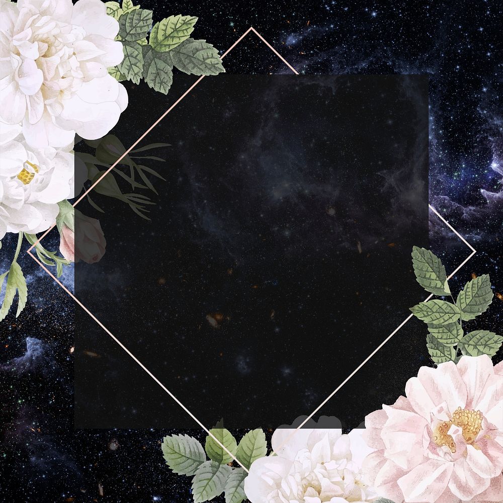 Frame on a galaxy background with musk rose illustration