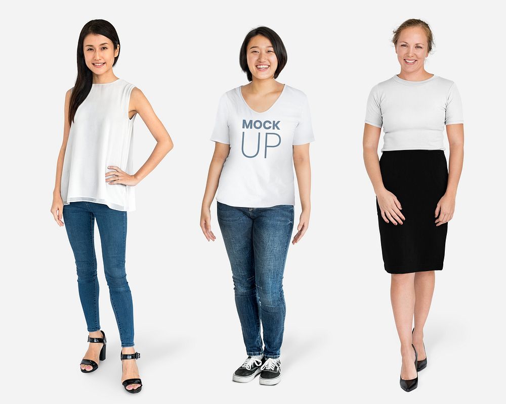 Happy diverse women wearing shirt mockups