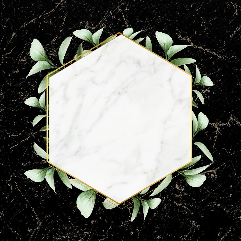 Hexagon golden frame on a marble background