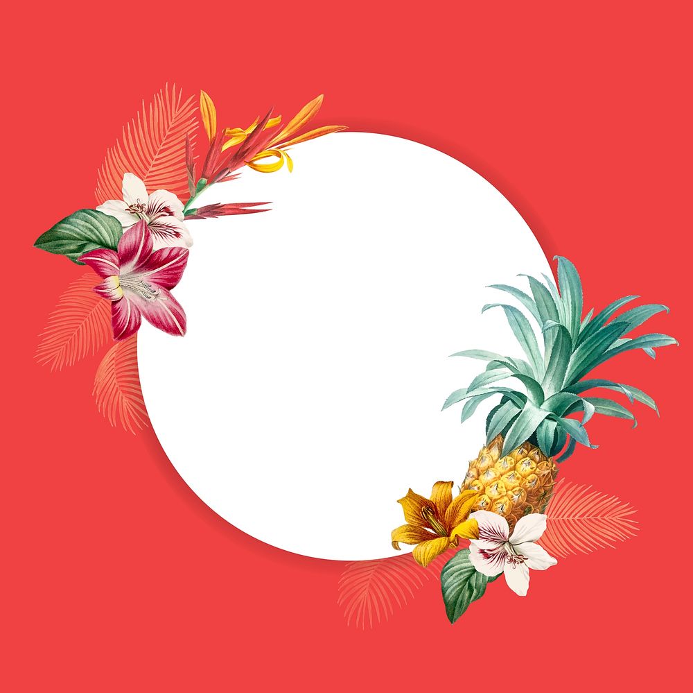 Tropical round frame on red background vector