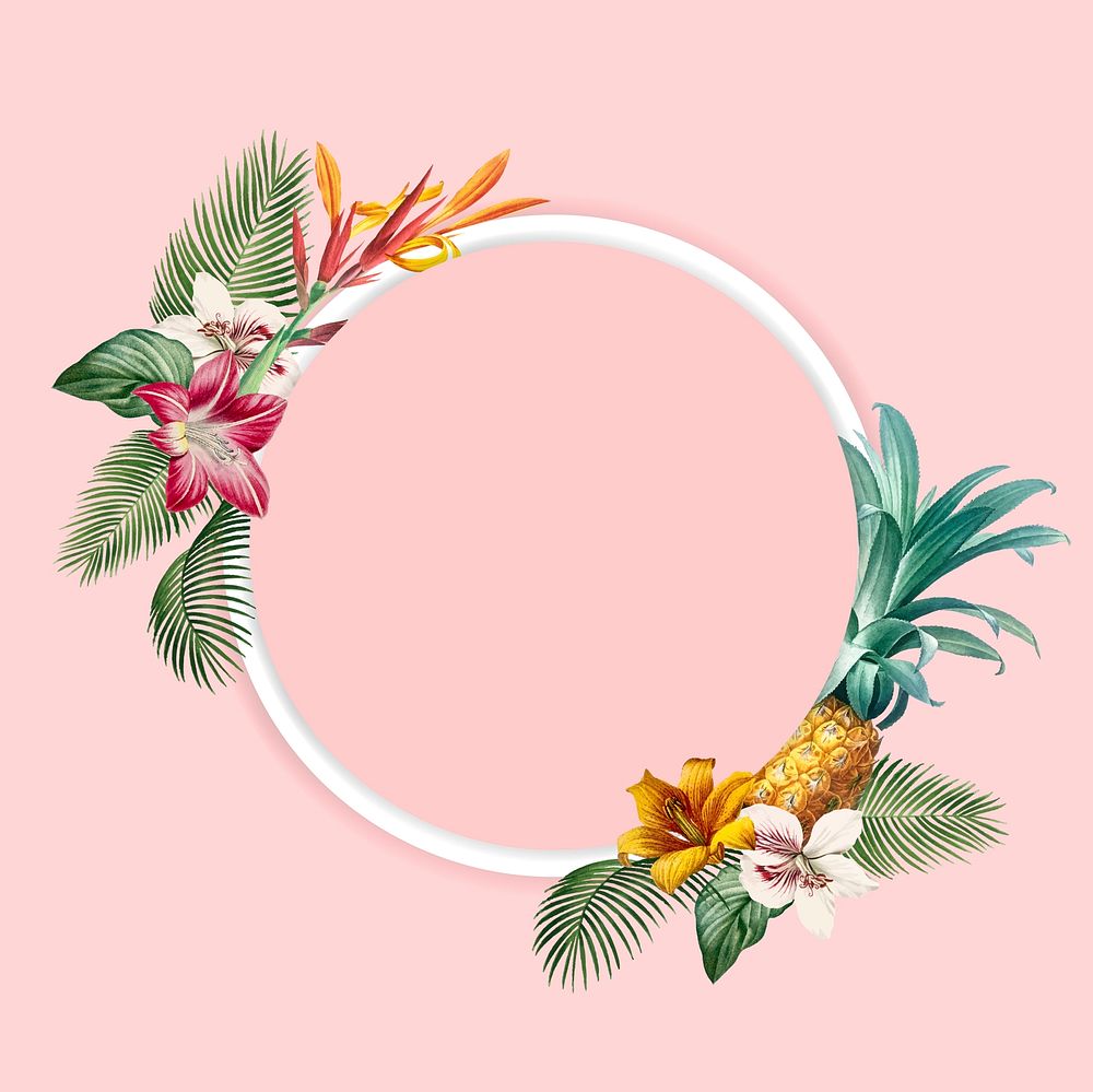 Tropical round frame on pink background