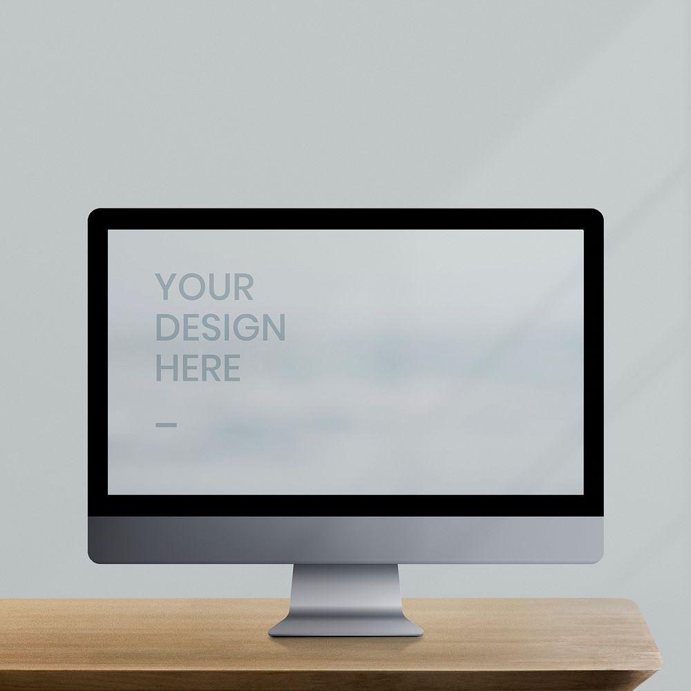 Desktop computer with screen mockup on a wooden table illustration