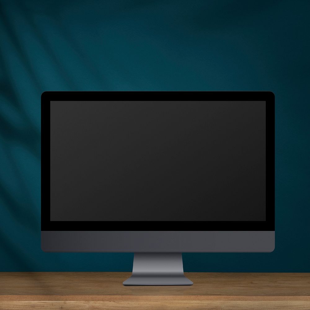 Desktop computer with screen mockup on a wooden table illustration