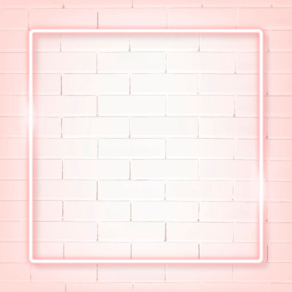 Square pink neon frame on a white brick wall vector