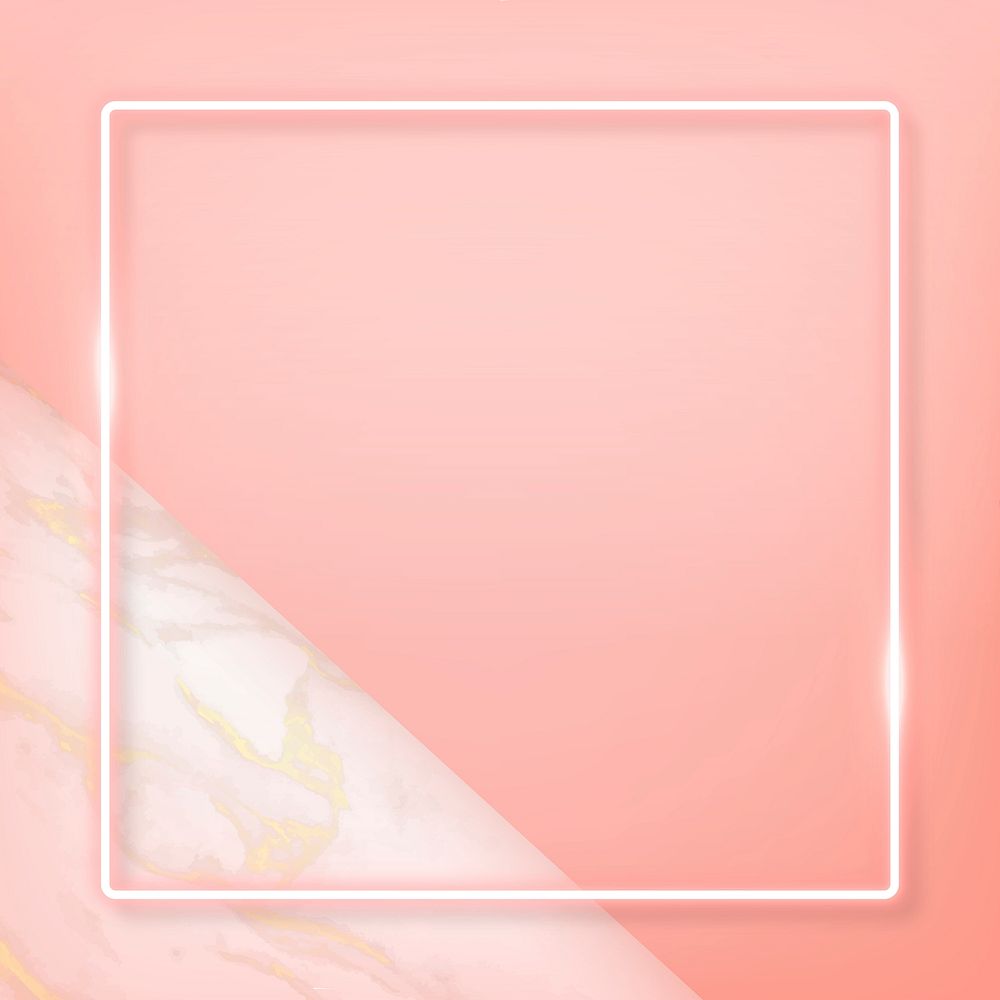 Square pink neon frame on a pastel orange marble background vector