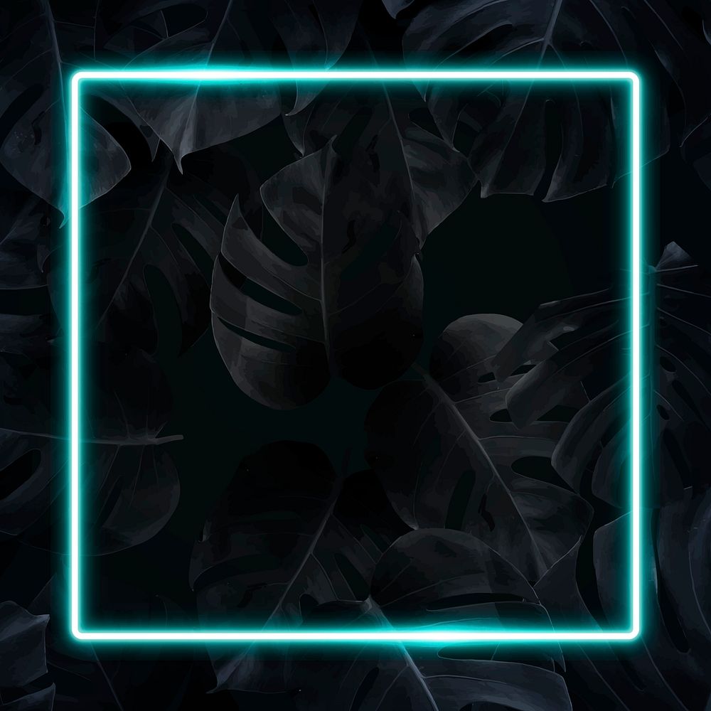Square blue neon frame on tropical leaves background vector