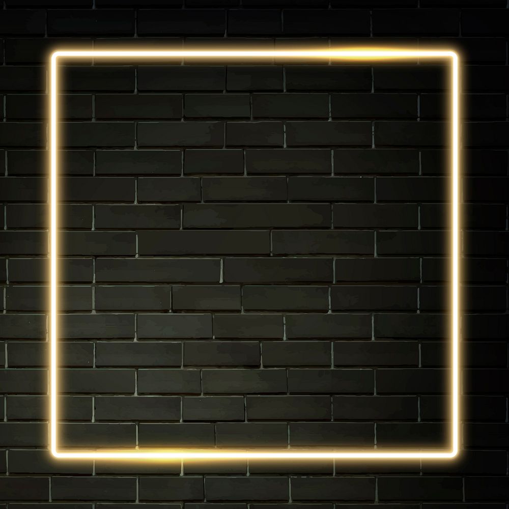 Square yellow neon frame on a black brick wall vector