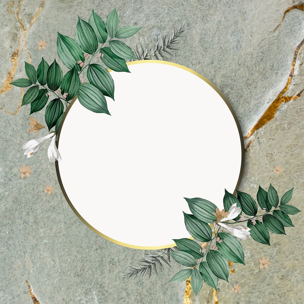 Round foliage frame on green marble background vector