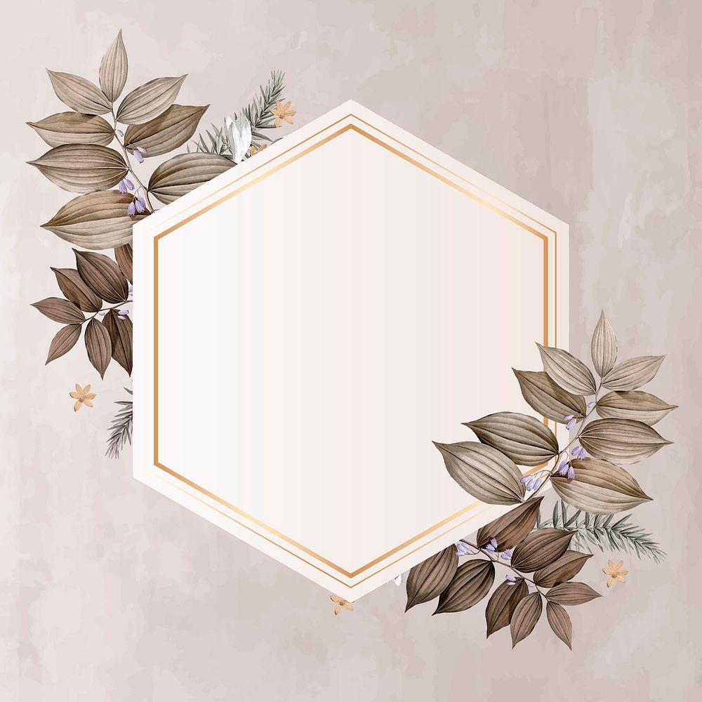 Hexagon foliage frame on brown background vector