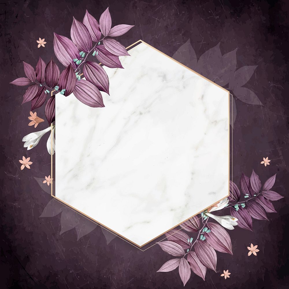 Hexagon foliage frame on purple background vector
