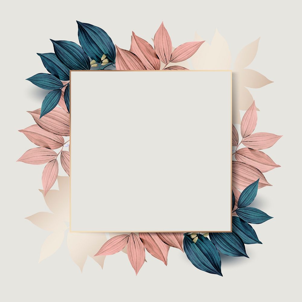 Square gold frame on pink and blue leaf pattern background vector