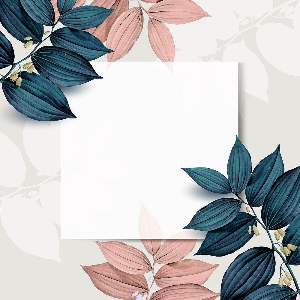 Square white frame on pink and blue leaf pattern background vector