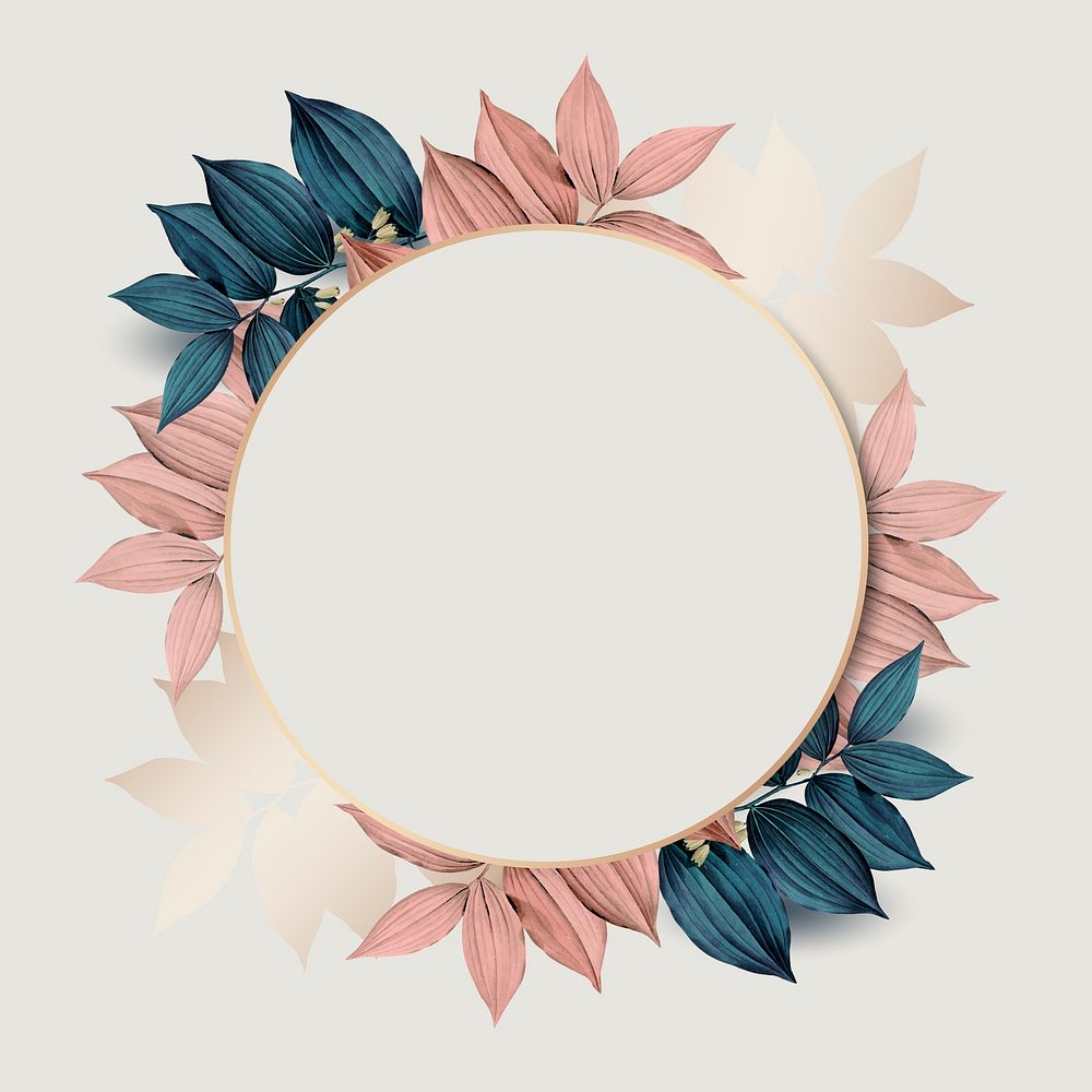 Round gold frame on pink and blue leaf pattern background vector