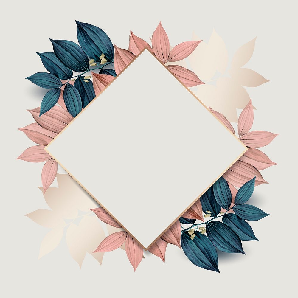 Rhombus gold frame on pink and blue leaf pattern background vector