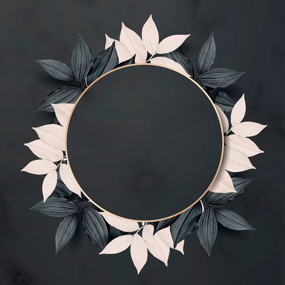 Round golden foliage frame on black background vector