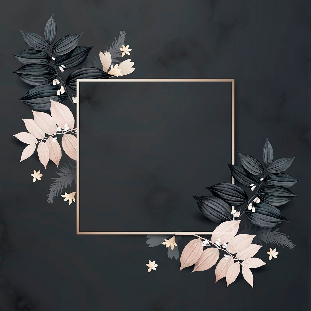 Square golden foliage frame on black background vector