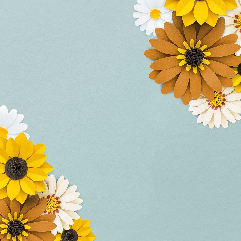 White and yellow paper craft daisy on blue background template illustration