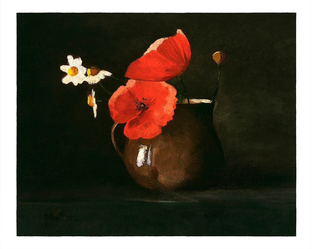 Poppies and daisies vintage illustration wall art print and poster design remix from original artwork. 
