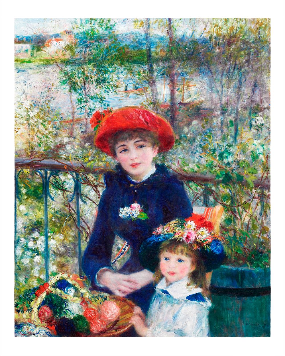 Two sisters on the terrace illustration wall art print and poster design remix from original artwork.